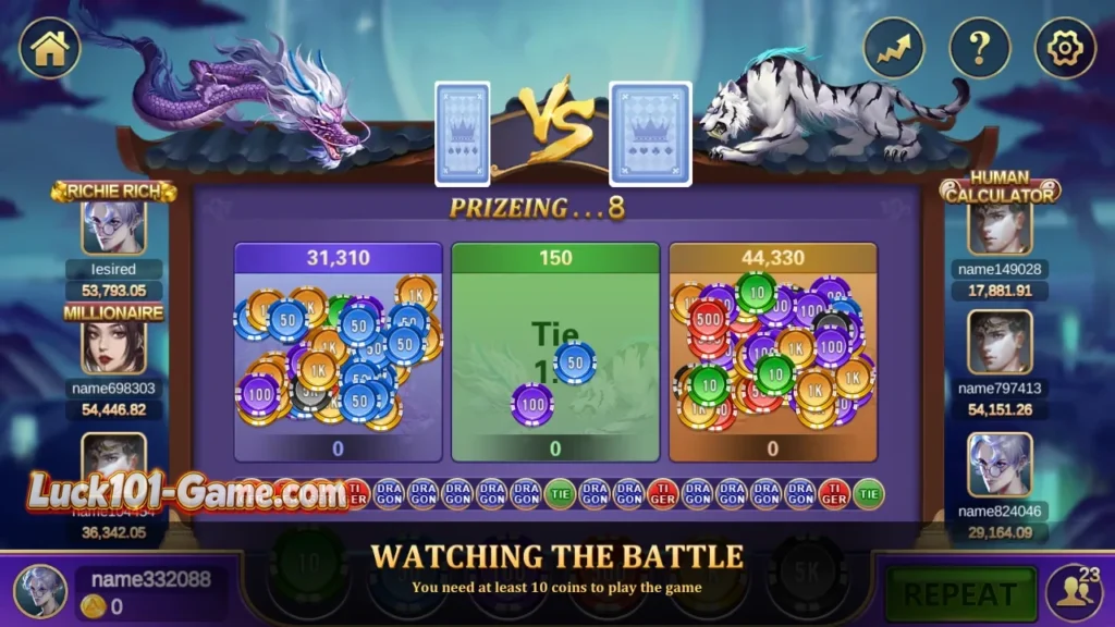 Lucky101 Dragon Tiger Fight game screen with tiger and dragon battle theme