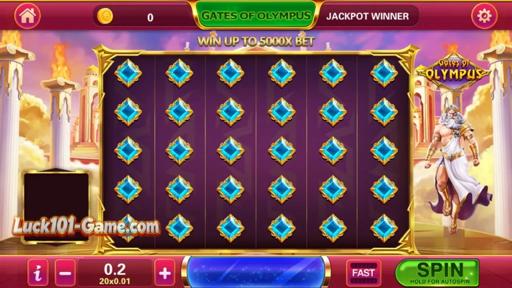 Lucky101 Gates of Olympus slot game screen with Zeus and slot symbols