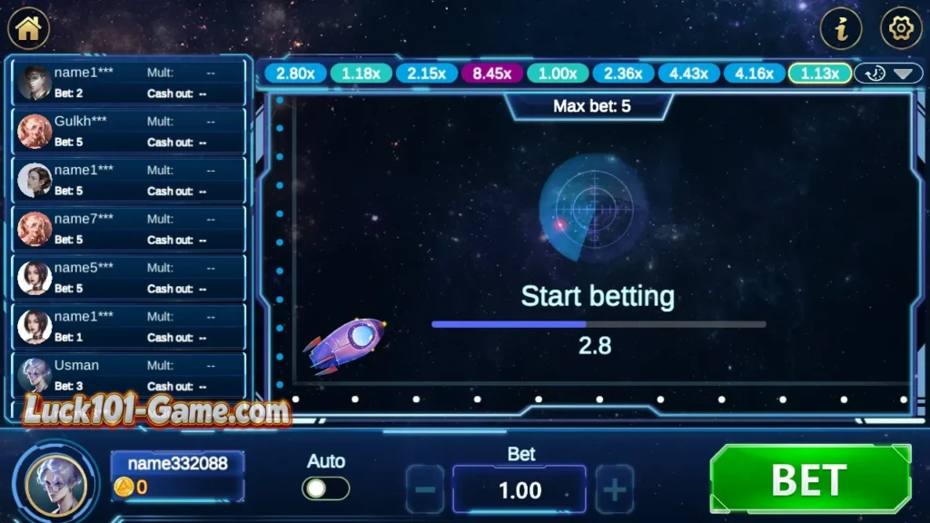 Lucky101 Rocket game screen with rocket and multiplier-style gameplay