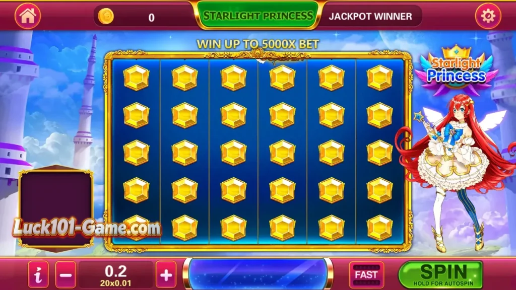 Lucky101 Starlight Princess slot game screen with anime-style character and slot symbols