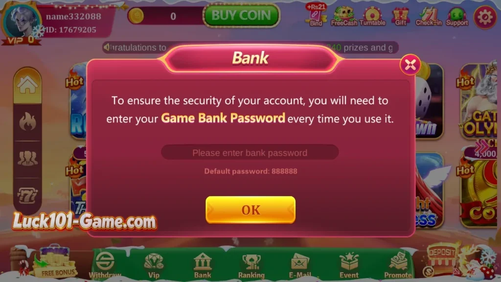Lucky101 bank security verification screen for payment account protection