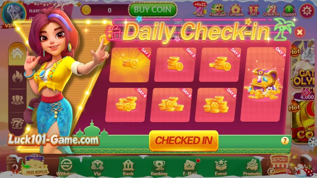 Lucky101 daily check-in rewards screen with daily bonus prizes