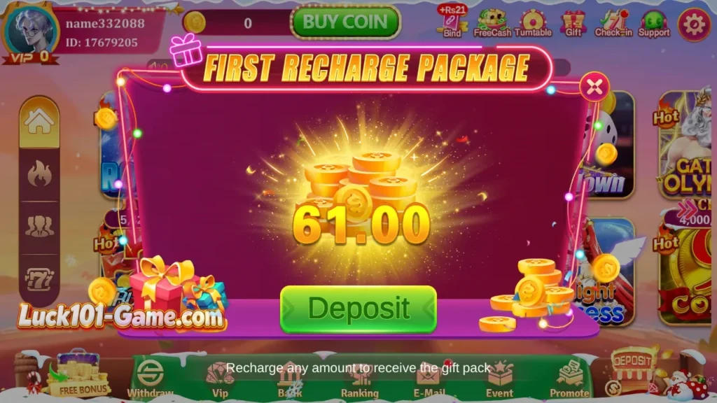 Lucky101 first recharge package screen with first deposit bonus offer