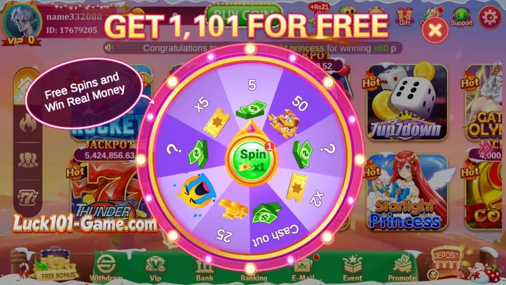 Lucky101 free spin wheel screen with spin rewards and bonus prizes