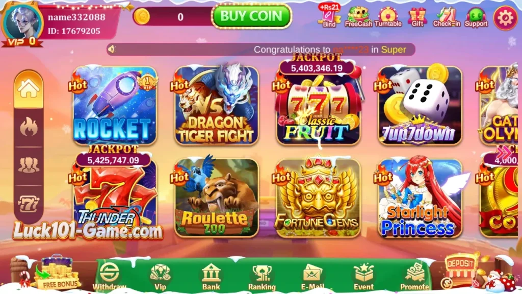 Lucky101 Game lobby showing popular games and main app features