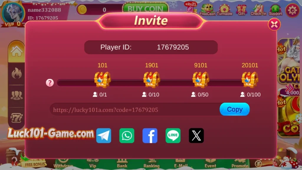 Lucky101 invite friends rewards screen with referral bonus information