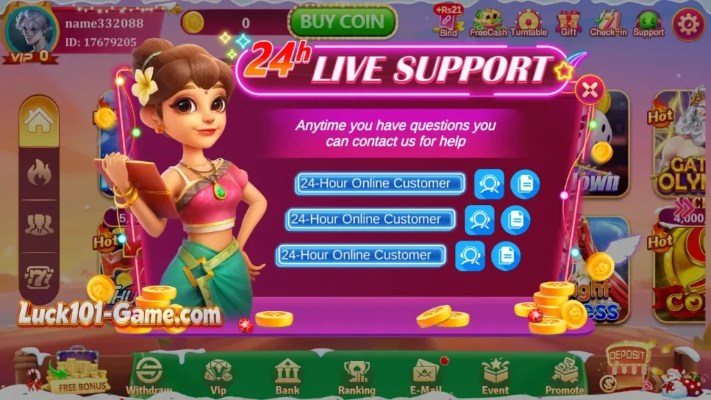 Lucky101 live support screen for contacting customer service