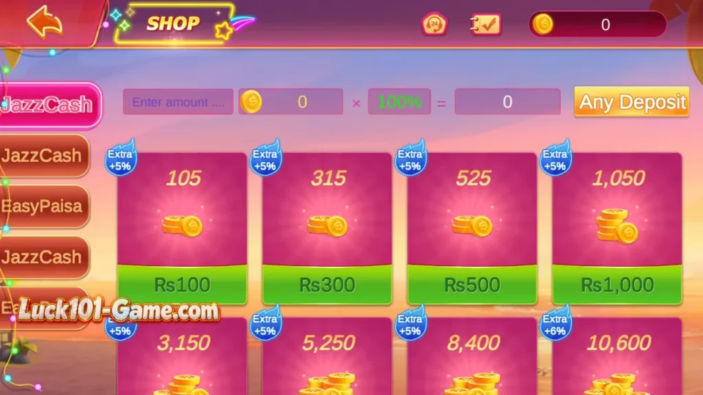 Lucky101 shop recharge screen with deposit and recharge options