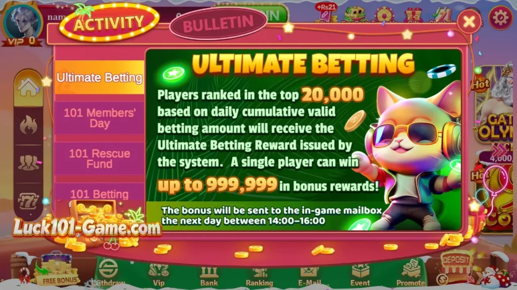Lucky101 ultimate betting event screen with promotional game rewards